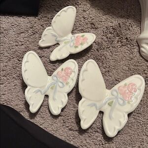 Porcelain Butterfly Wall Plaques with Pink Roses (Set of 3)